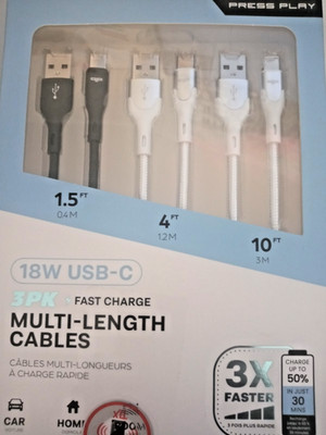 Press Play 18W USB-C 3PK FAST CHARGE MULTI-LENGTH CABLES 1.4FT / 4FT / 10FT NIB