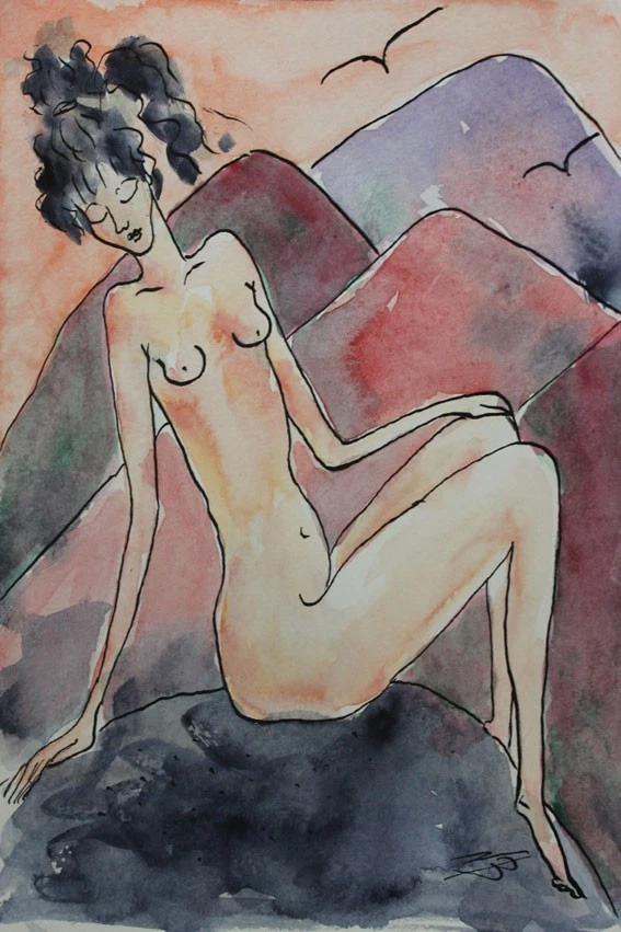 NB-ART*Höhe*Aquarell*16x24cm*Original*Bild handgemalt*Kunst*Akt*Erotik*Unikat! - Bild 1 von 1