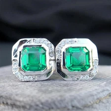 3CT Asscher Cut Lab Created Emerald Men's Fancy Cufflinks 14K White Gold Finish