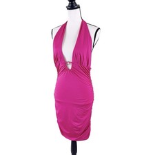 Hot Pink Halter Bodycon Dress Size Medium Ruched Skirt Silver Ring Clubwear