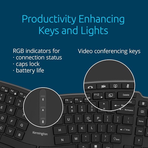 Kensington Pro Fit Ergo Wireless Keyboard KB675, Ergonomic, Black - Picture 5 of 6