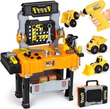 Kids Tool Bench with Electric Drill  Construction Vehicles 2-in-1 Workbench