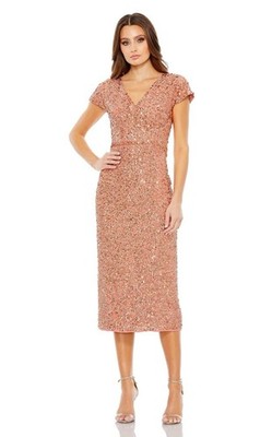 Mac Duggal Copper Sequined Cap Sleeve Wrap Over Cocktail Dress 10766 Size 16 NWT