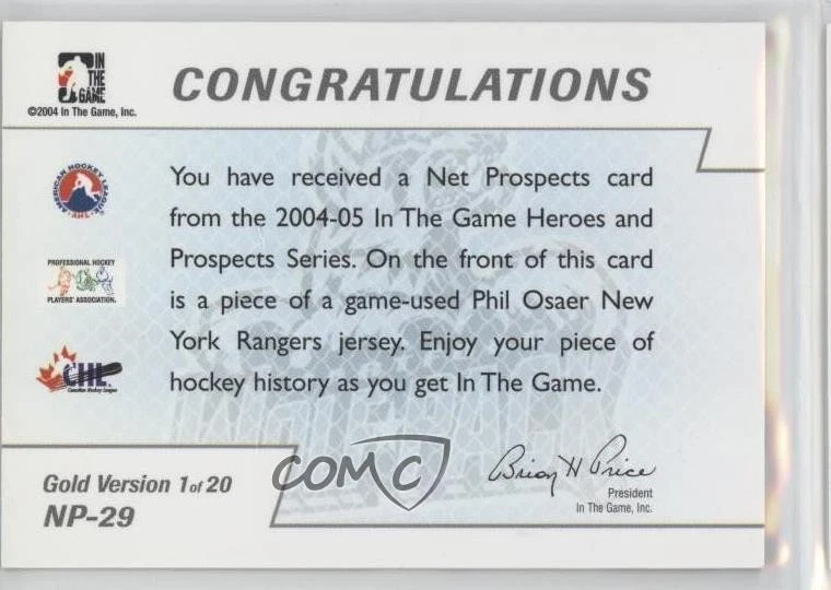 2004-05 ITG Heroes and Prospects Net Gold Spring Expo 1/1 Phil Osaer #NP-29 2a8 - Image 2 of 3