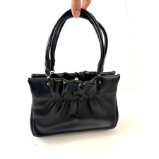 Vintage 1950s 60s Black Gathered Leather Top Handle Purse Clasp Closure