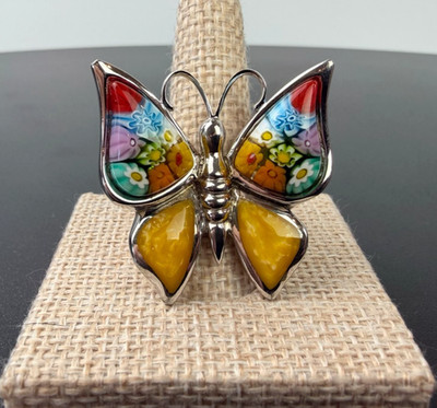 RARE Stunning Alan K Murano Glass Butterfly Sterling Silver .925 Ring Size 6