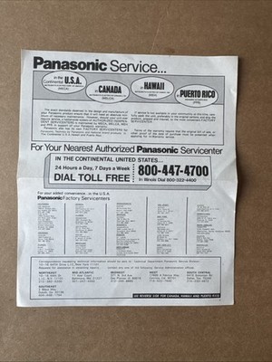 Old Panasonic Factory Service Servicenters Phone Number Sheet USA Canada PR HI