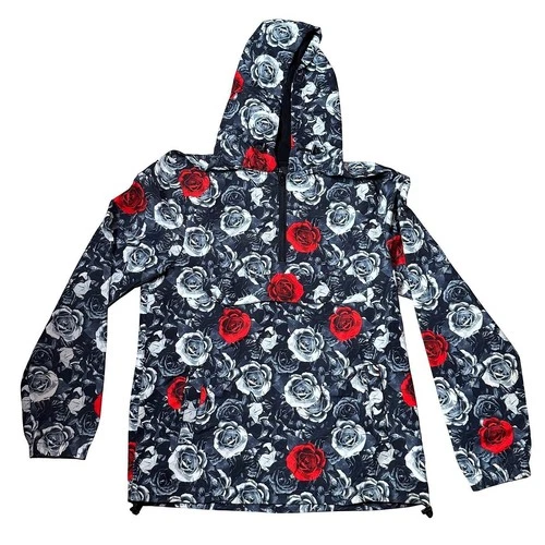 rue21 Mens Medium Floral Rose Anorak Windbreaker Black Red Hooded Jacket - product listing photo