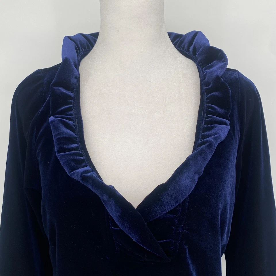 Gretchen Scott Shirt Womens Medium Navy Blue Velvet Ruffle V-Neck Party Holiday - Image 2 of 4