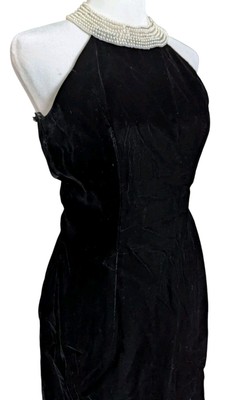 Vtg Algo Velvet Pearl Beaded Halter Prom Dress Long Black Gown Slit 4 90s  Formal