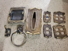 8 Pieces Amerock Antique Brass Vintage Towel Ring Tissue Holder Receptacle Lot