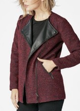 Just Fab Red Black Tweed Black Faux Leather Collar Full Zip Coat Jacket Sz Xl