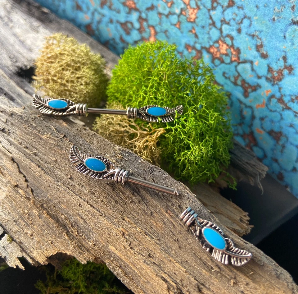 PAR de anéis de mamilo tribal pena esmalte turquesa escudos piercing joias corporais - Imagem 4 de 4