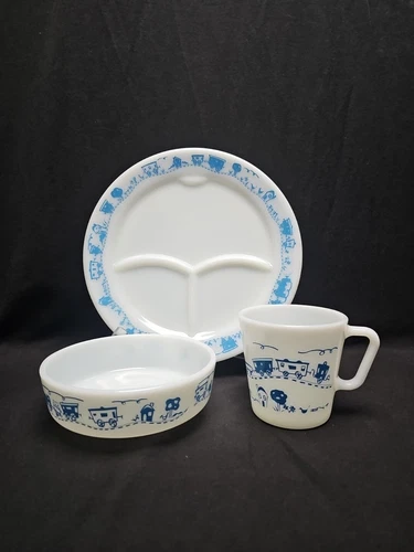 VTG Pyrex Milk Glass Blue Train Children’s  3 Piece Set Plate Bowl Mug Corning