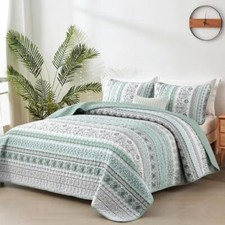 Boho Quilt Set Queen Size,3 Piece Mint Bohemian Striped Queen 96"x90" Green