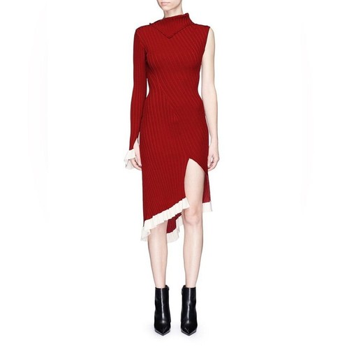 Esteban Cortazar Asymmetric one-shoulder ribbed stretch-knit dress ruffled XL