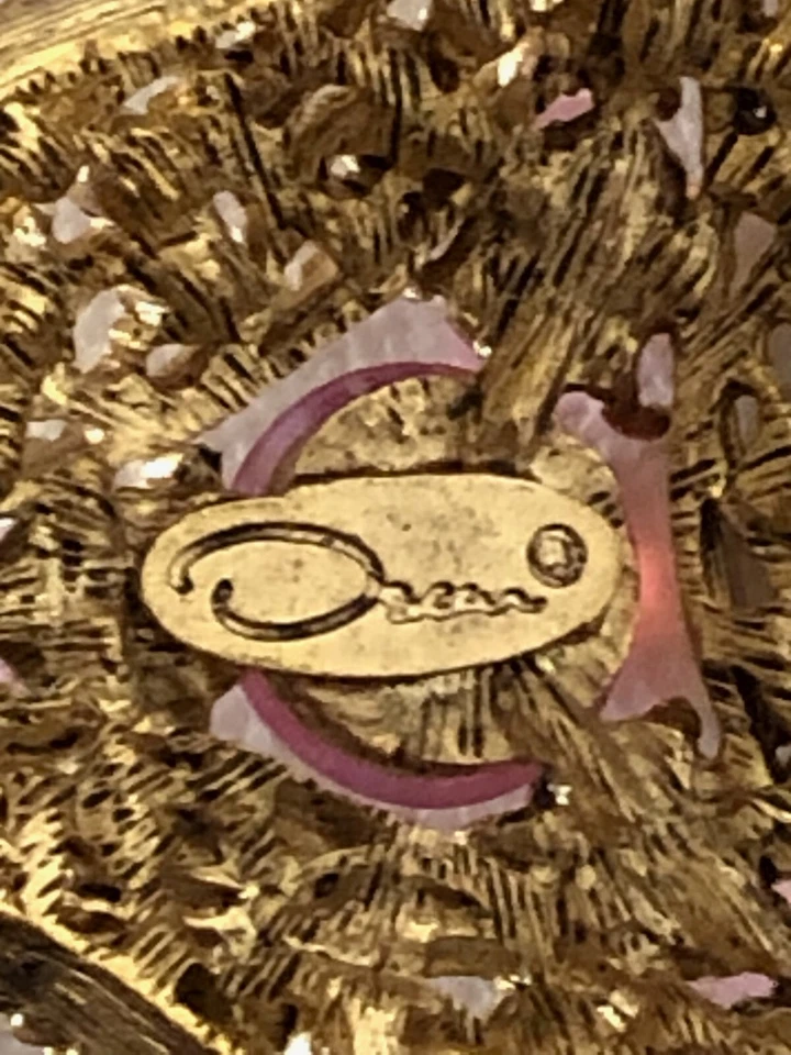 PIN BROCHE ORO OSCAR DE LA RENTA JOYAS INCRUSTADAS PERLAS VIDRIO GRIPOIX ANTIGUO Foto 3 de 4