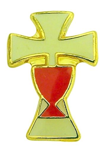 Croix émail blanc avec épingle revers calice rouge première communion, 5/8 pouces - Photo 1 sur 2