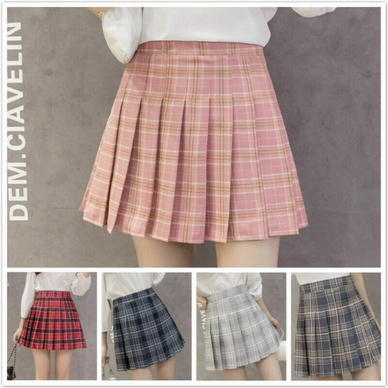 Women Checked Skirts High Waist Pleated Plaid Mini Skirt College