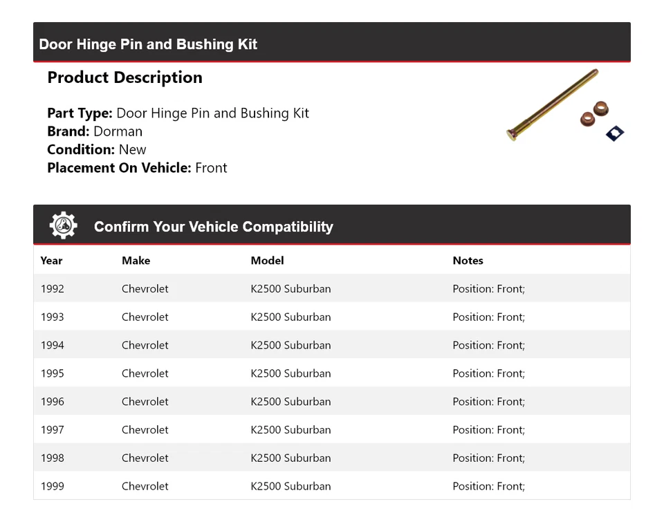 For 1992-1999 Chevrolet K2500 Suburban Dorman Door Hinge Pin and Bushing Kit - Image 2 of 3