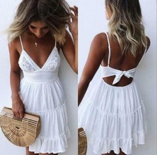 Womens Ladies Sexy Lace Sling Boho Dress Summer Beach Holiday Flared Sundress UK