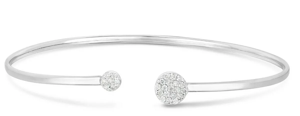14k White Gold Diamond Cluster 0.26ct Cuff Bangle Bracelet 2MM