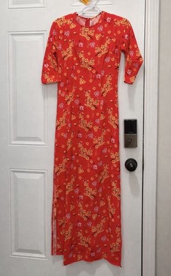 Beautiful 100% Silk Vietnamese Ao Dai Dress Red Cherry Blossom Floral Tunic S