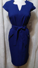 New KASPER Size 4 Sheath Dress Star Neck Cap Sleeve Self-Tie Belt Cobalt Blue