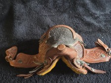 8" Mini Western Horse Saddle Handmade Tooled Leather Sherpa Lined Rare 1970s Toy