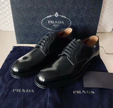 New PRADA Milano Black Spazzolato Leather Derby Men US 7.5 Formal Dress Shoe NIB