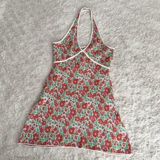 Zara Pink Green Retro Ditsy Floral Knit Halter Neck Cream Piping Mini Dress L