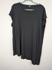Eileen Fisher Dress Womens XL Black Short Sleeve Ruched Side Tunic Made in USA