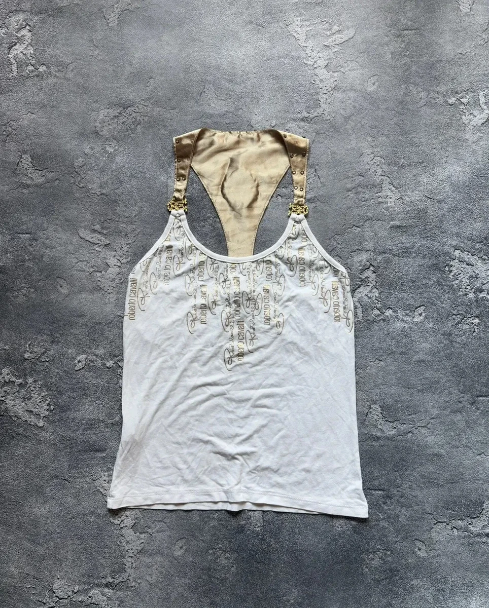Vintage Roberto Cavalli Y2K McBling White Gold Logo Halter Tank Top