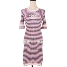 CHANEL COCO Mark knit knee-length dress, 36, pink/navy. (P63090) Women USED