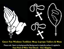 Mary Rosary Cross Praying Hands Catholic Four Pack White Vinyl Decals Car Window