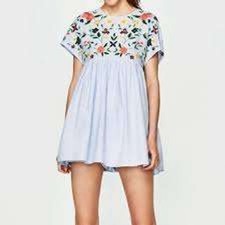 Zara Trafaluc Pale Blue Embroidered Floral Short Sleeve Babydoll Dress SMALL
