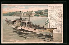 Lithographie Salondampfer Hohenzollern vor Schloß Pillnitz auf der Elbe 