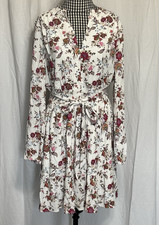LOFT Size M Floral Long Sleeve Dress NWT White Pink Boho Belted Ruffle Hem