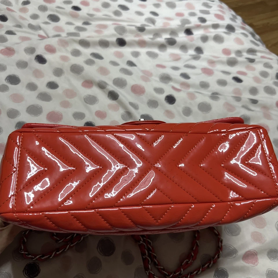 Chanel Orange Chevron Quilted Patent Leather Jumbo Classic Single Flap Bag Auth - Image 3 of 4
