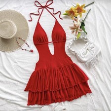 Women's Halter Neck Cutout Mini Dress, Tiered Ruffle Hem Sexy Summer Party Dress