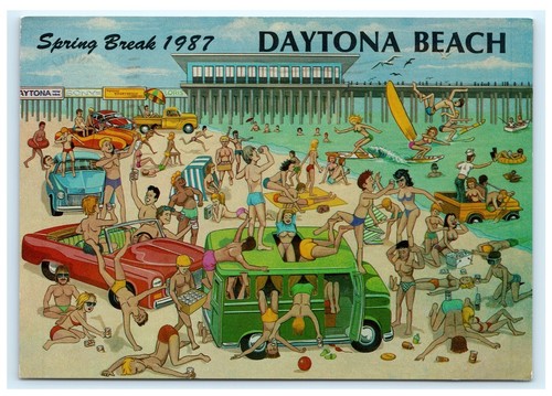 Vintage 1987 Daytona Beach Spring Break Comic gewagte kontinentale Postkarte E1