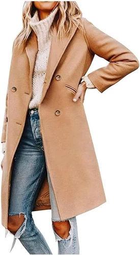 Spring Women's Oversized Wool Trench Coat Notch Lapel Double Breasted Pea Coat - 第 15/34 張圖片