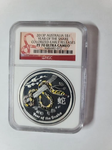 2013 Australia $1 Lunar Year of The Snake 1oz Silver Colorized Coin NGC PF70 UCM