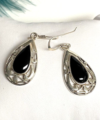 Vintage Black Onyx Teardrop Earrings Sterling Swirl Cut Out M Designer