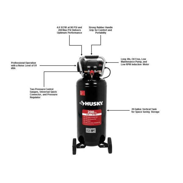 Husky C202H 20 Gallon 200 PSI Oil Free Portable Vertical Electric Air