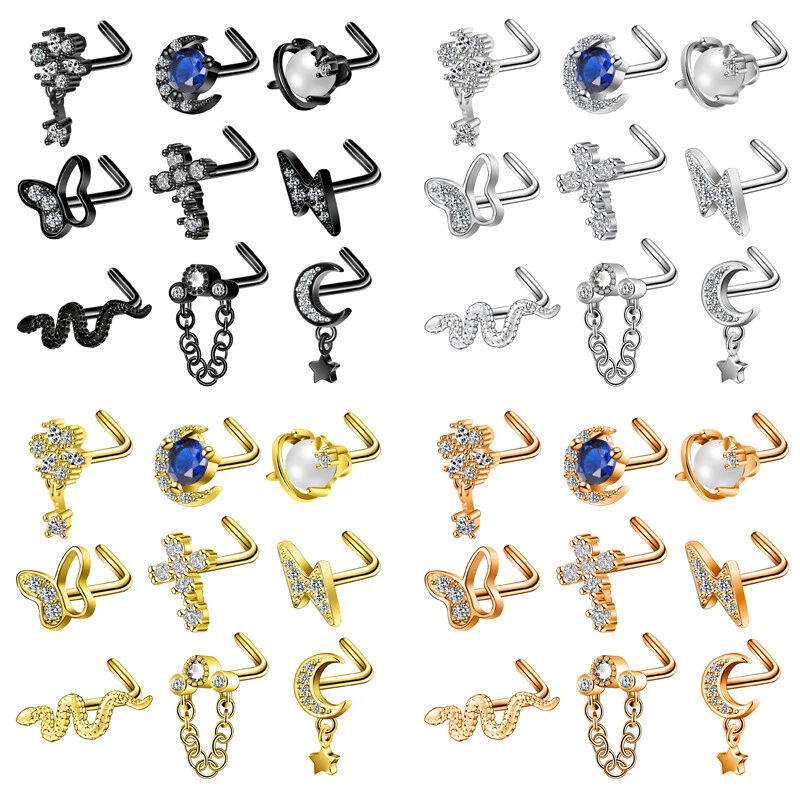 Conjunto de anéis de nariz de aço inoxidável 9ps parafuso prisioneiro cartilagem Tragus aro piercing no corpo 20G - Imagem 2 de 4