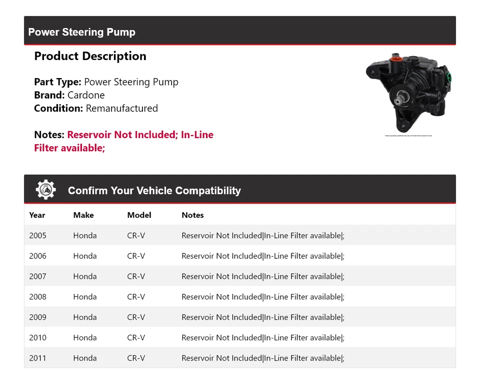 Bomba de direção hidráulica Cardone 2006 2007 2008 2009 2010 para Honda CR-V Honda 2005-2011 - Imagem 2 de 4