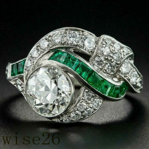 Art Deco Silver White Topaz & Emerald Wedding Ring Sizes 6-10-image