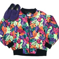Rare Vintage Stefano Worldwide Satin Floral Bomber Track Jacket Neon