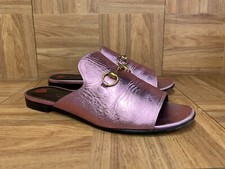 RARE   GUCCI Horsebit Mules Open Toe Metallic Pink Tumbed Leather 37 Malaga Kid